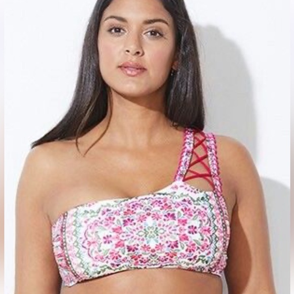 Becca One Strap Floral Red Laces Swimsuit Bikini Top NWOT - Picture 1 of 10